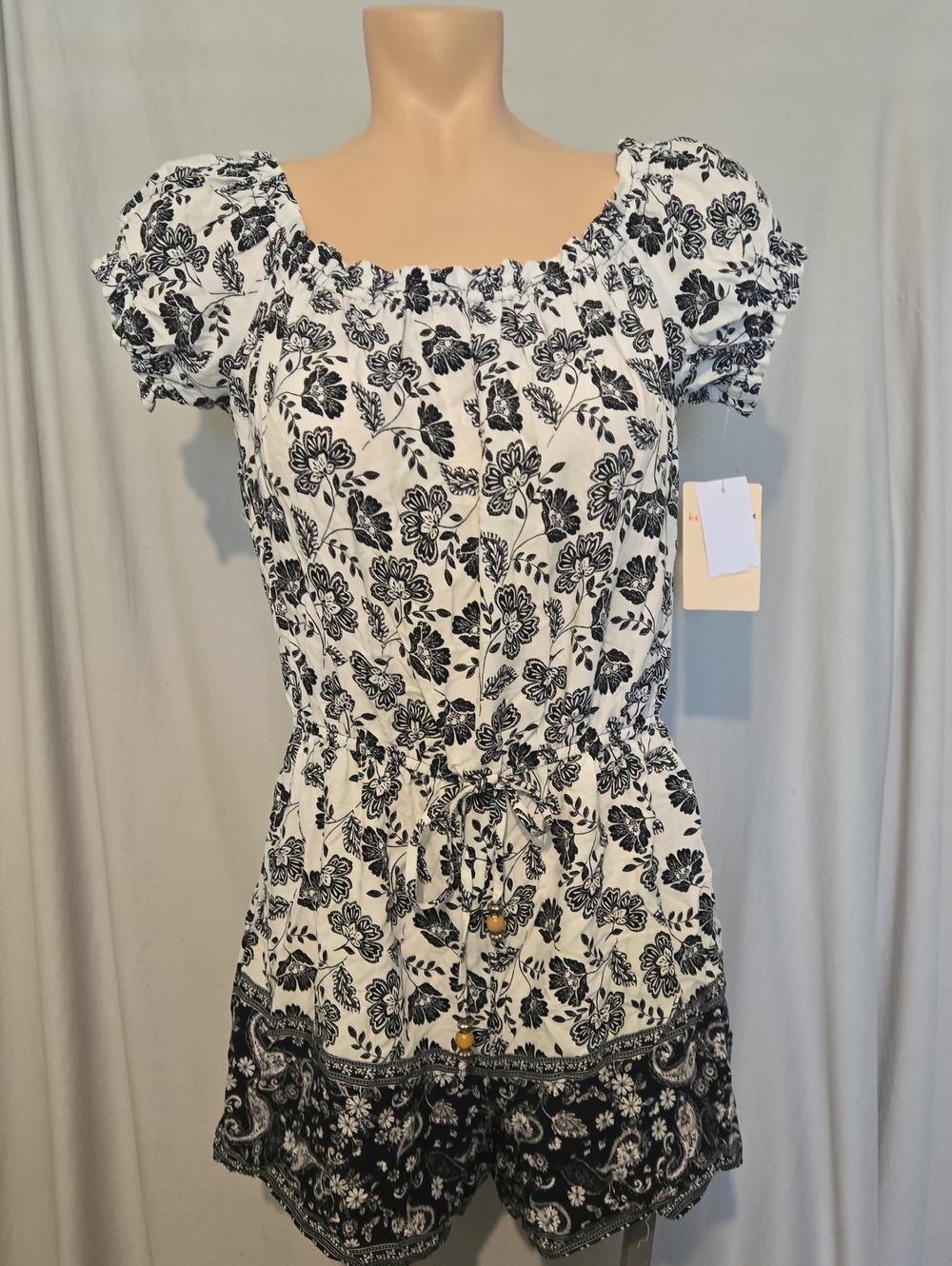 BeBop Boho Black & White Floral Romper